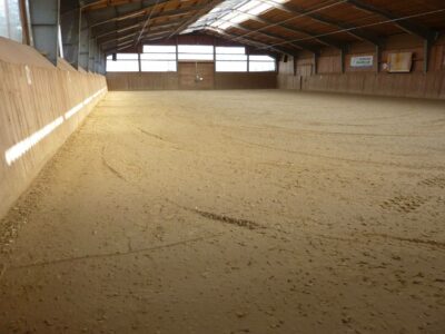 Ground reinforcement in indoor riding arena with paddock grids and tread layer